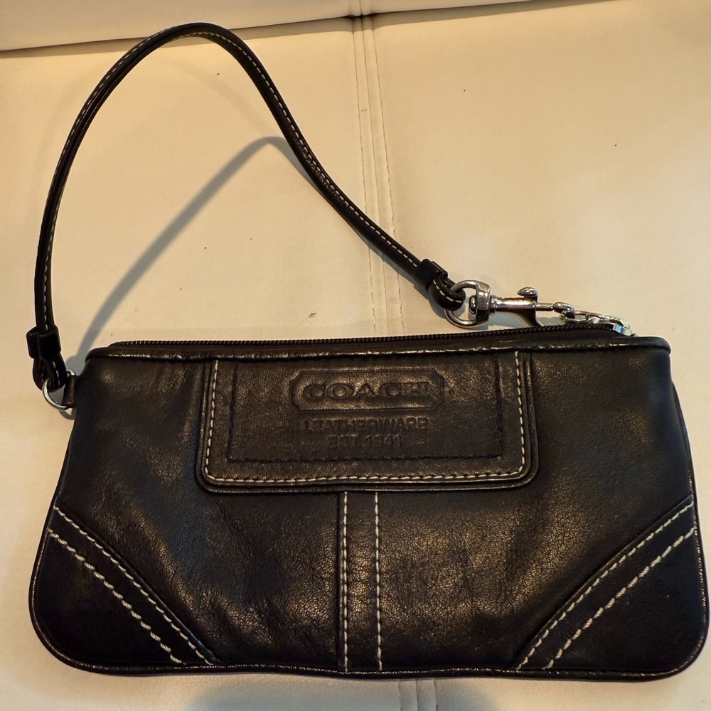 Coach Black Leather Wristlet with Contrast Stitching